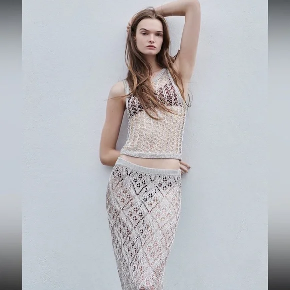 Zara crochet metallic thread meshopen knit skirt, festival